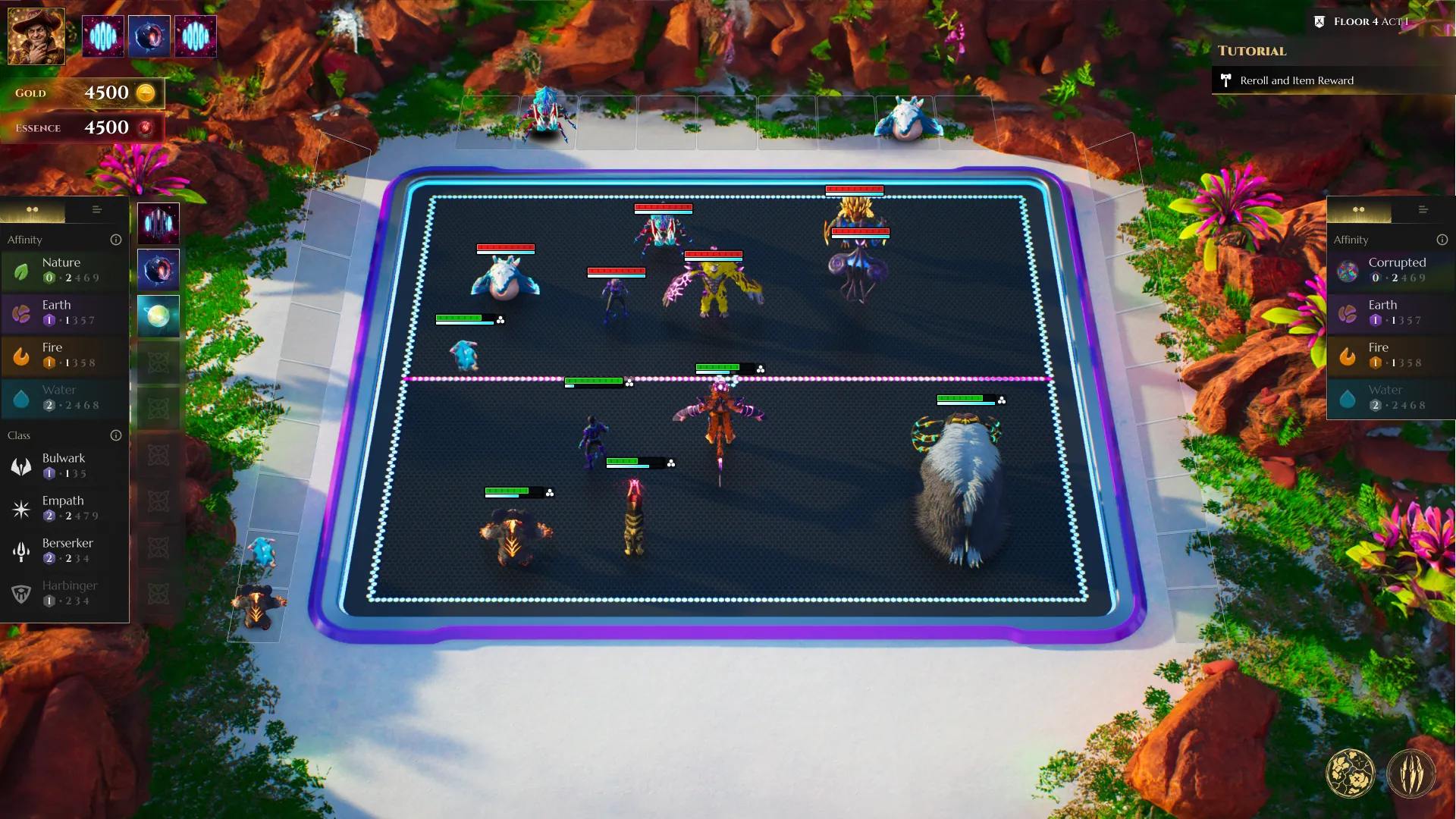 Primal Tactica battle HUD showing the autobattler combat arena