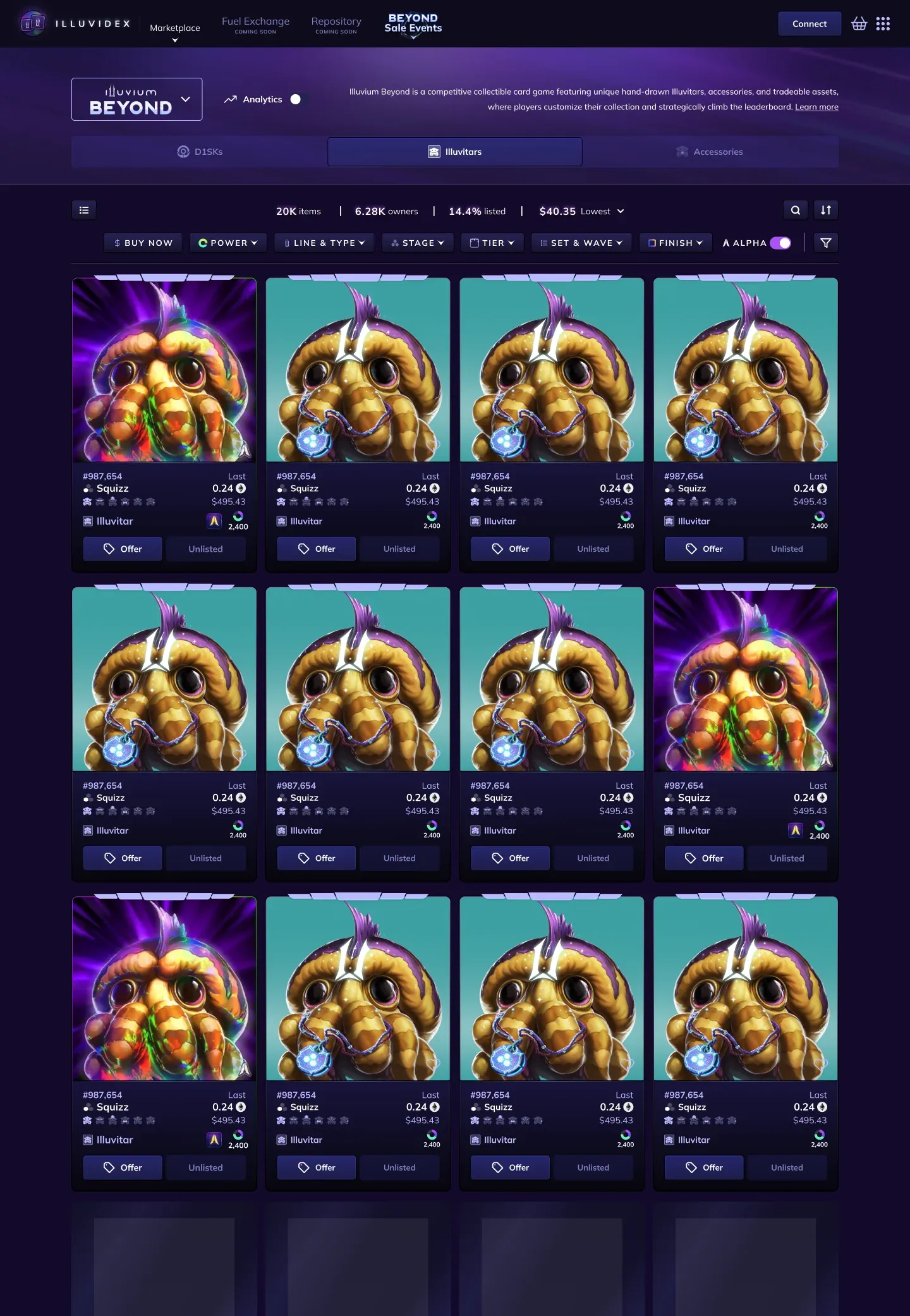 Illuvium Beyond Illuvitars marketplace grid view