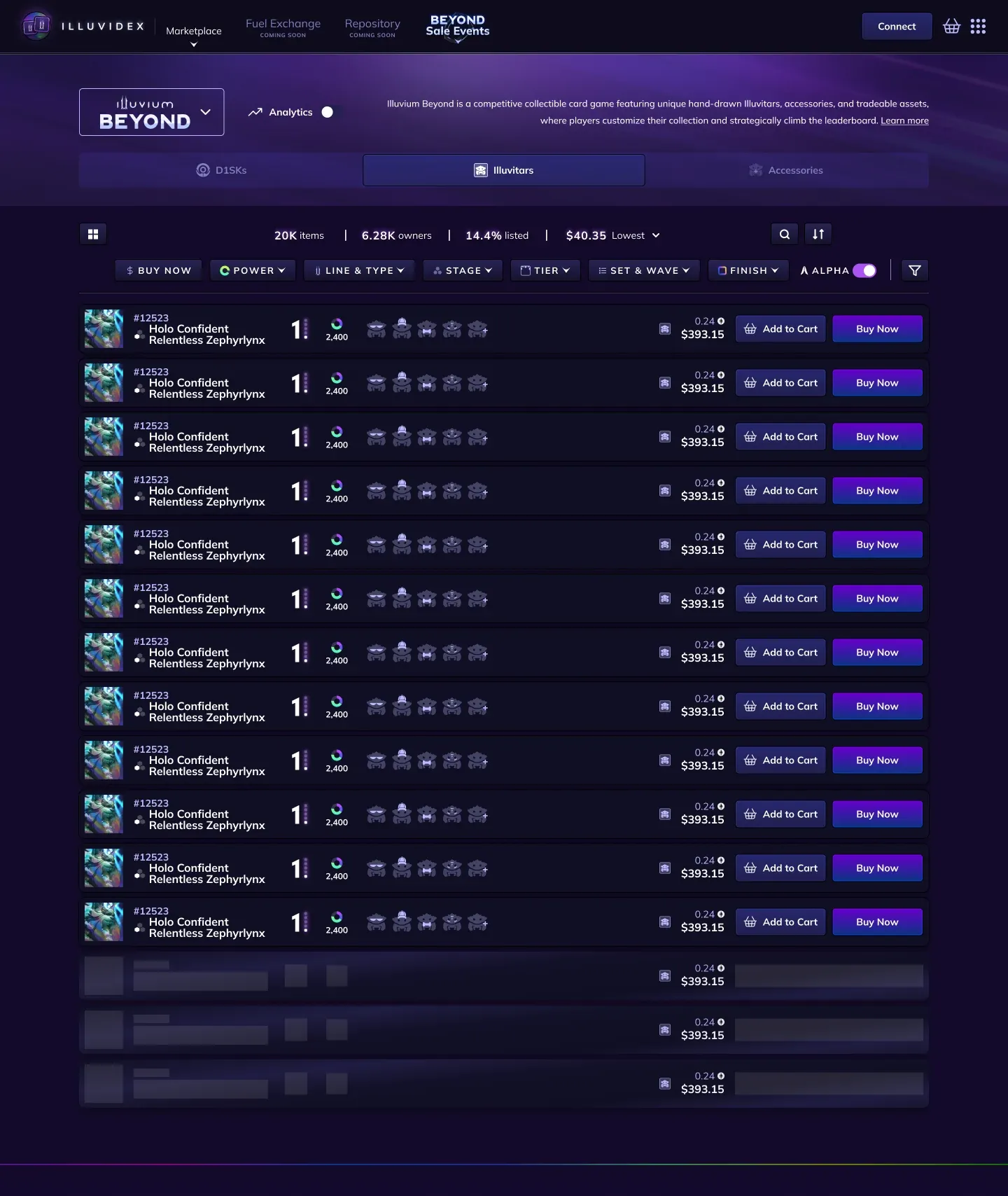 Illuvium Beyond Illuvitars marketplace list view