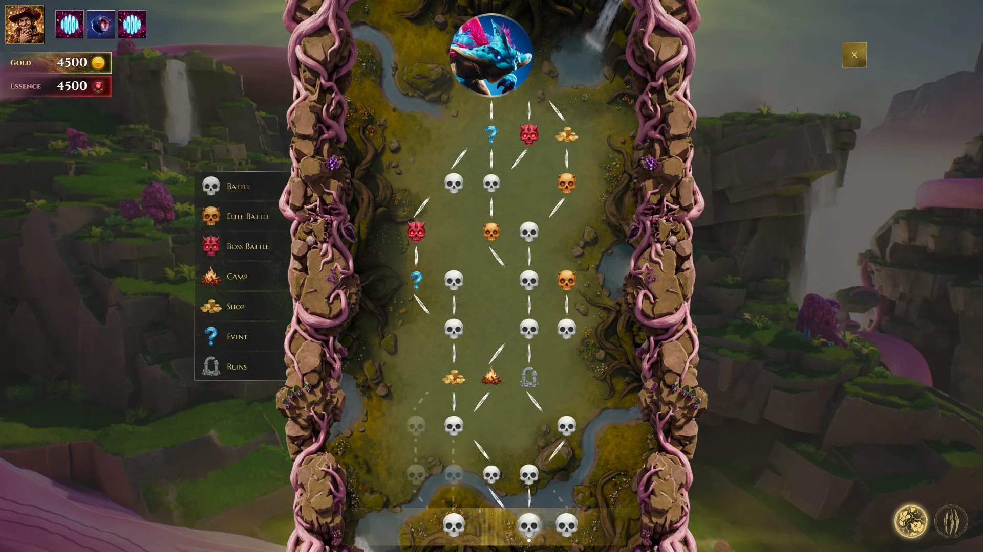 Primal Tactica roguelike map with event icons and branching paths