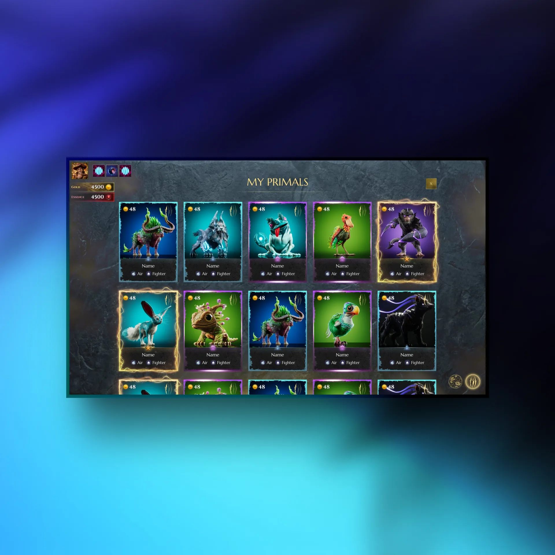My Primals card grid showing unit cards with rarity borders