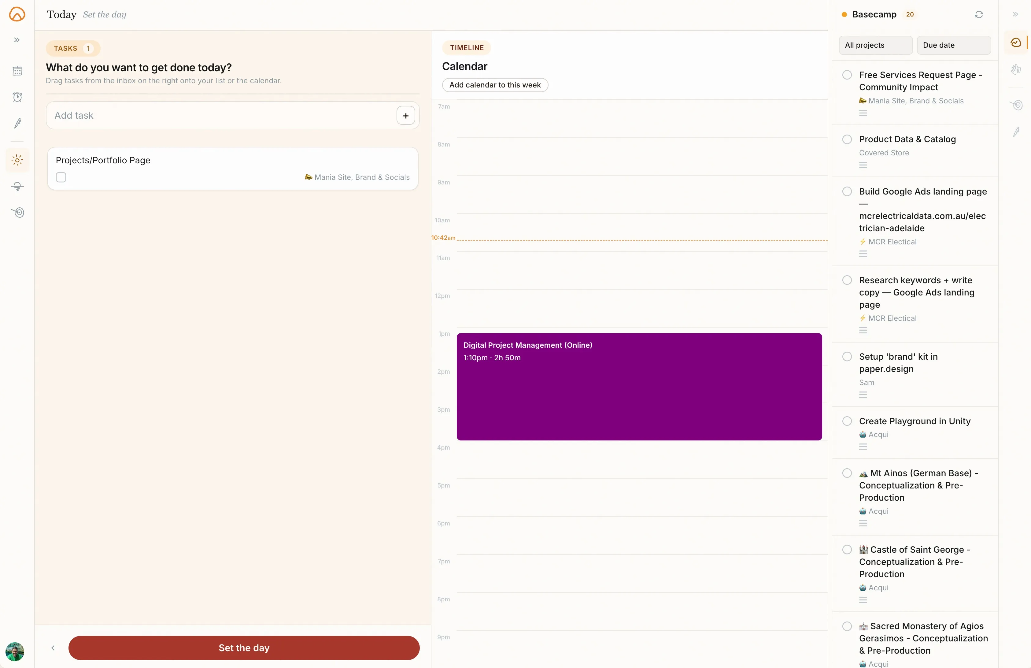 Today view with the Basecamp panel open on the right, listing assigned to-dos from connected projects