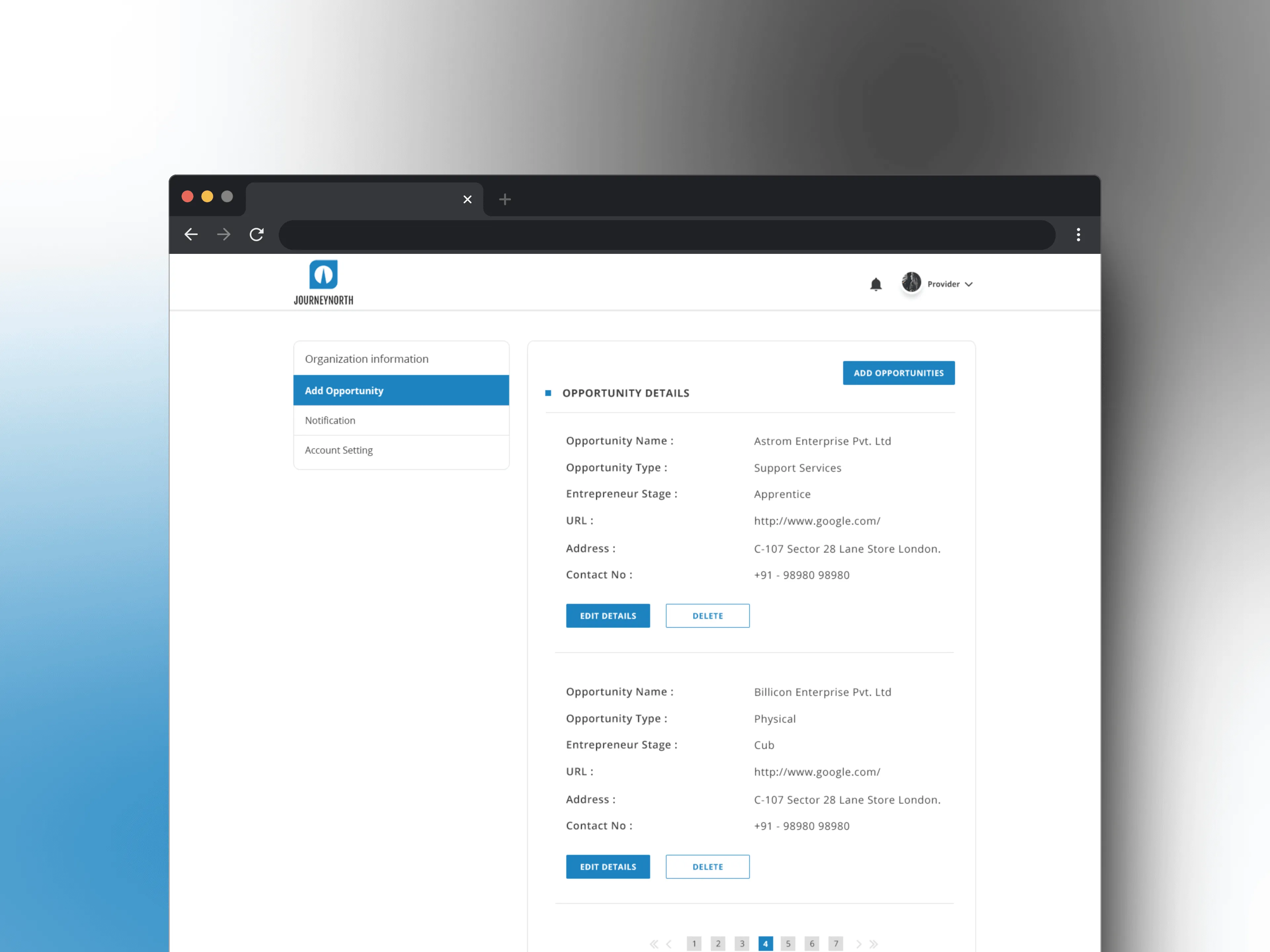 Provider opportunity management view with type, entrepreneur stage, and contact details