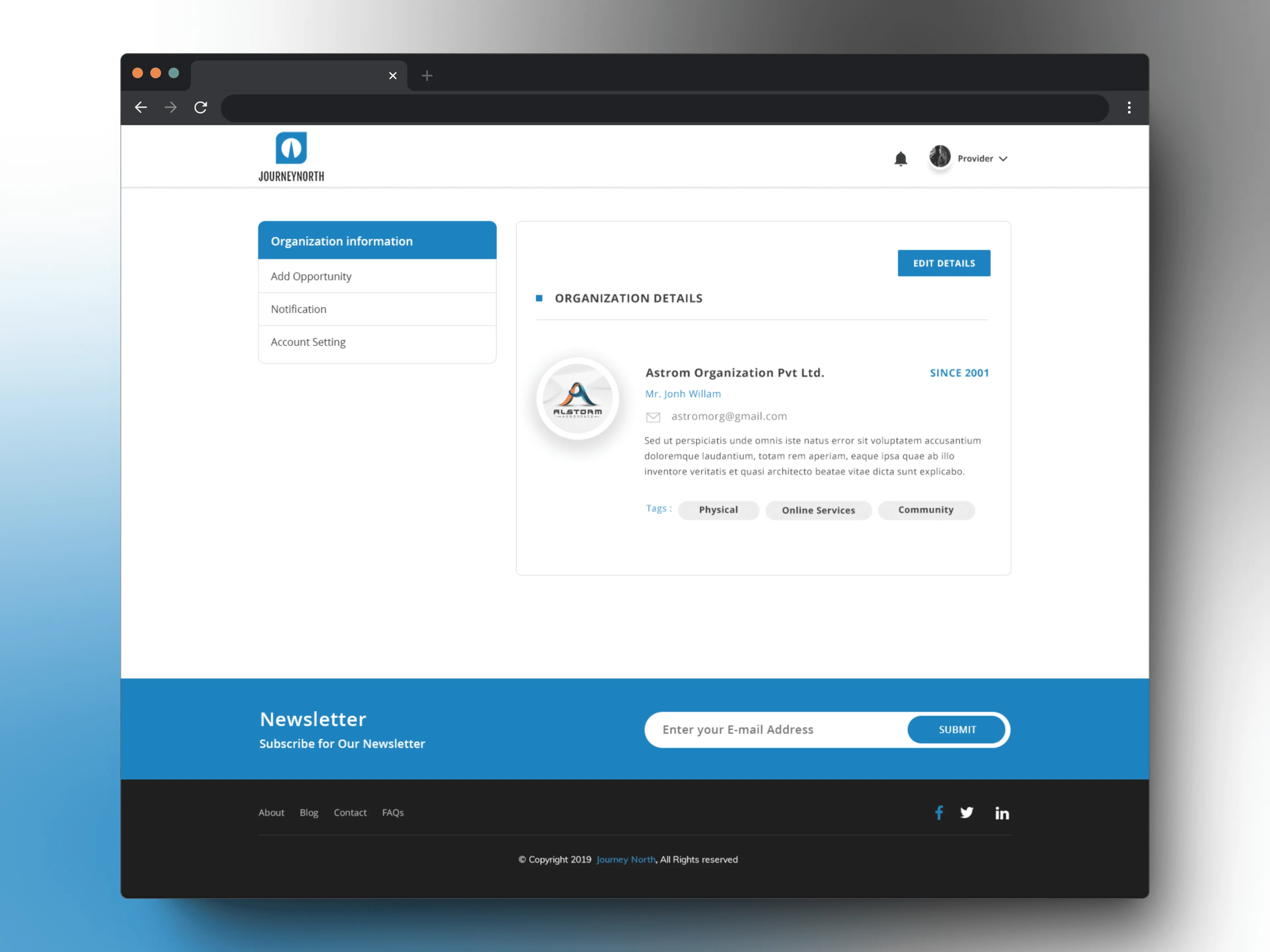 Organisation profile view with tags for Physical, Online Services, and Community