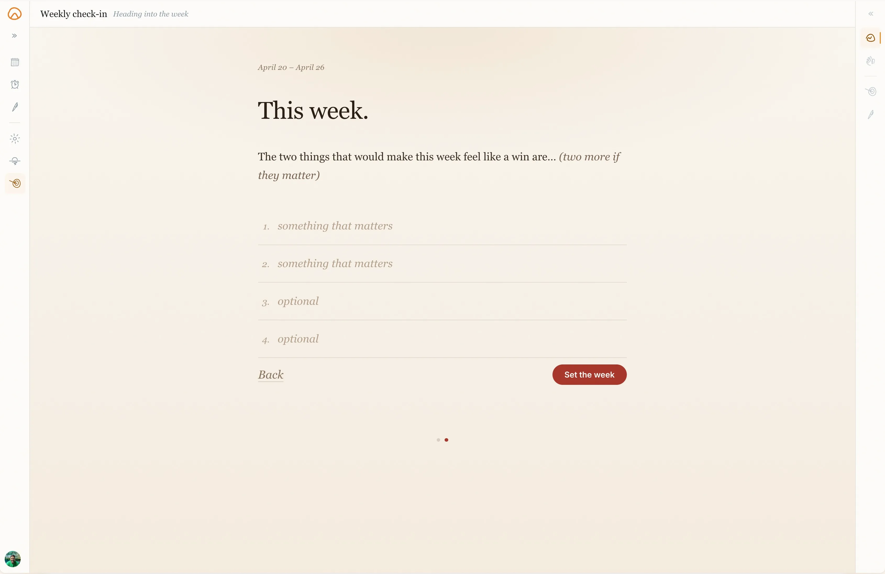 Weekly check-in: 'This week.' (with two required wins and two optional slots)