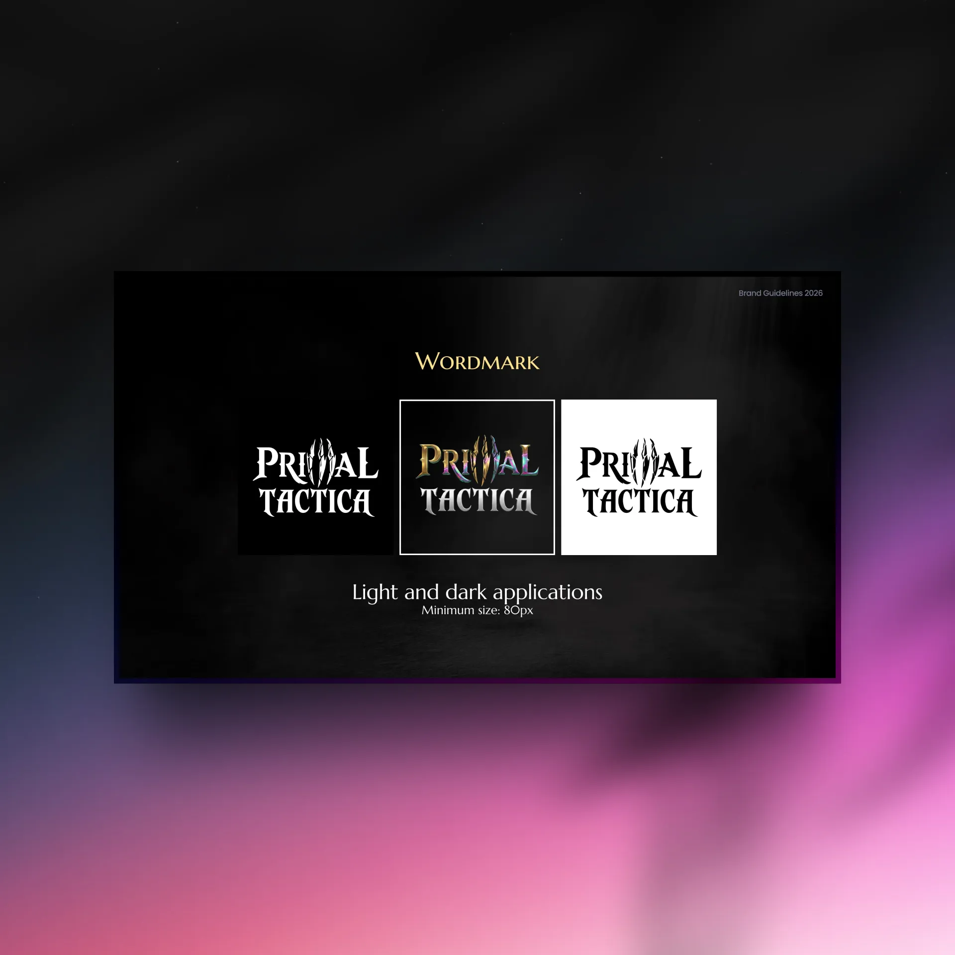 Primal Tactica wordmark in light and dark applications