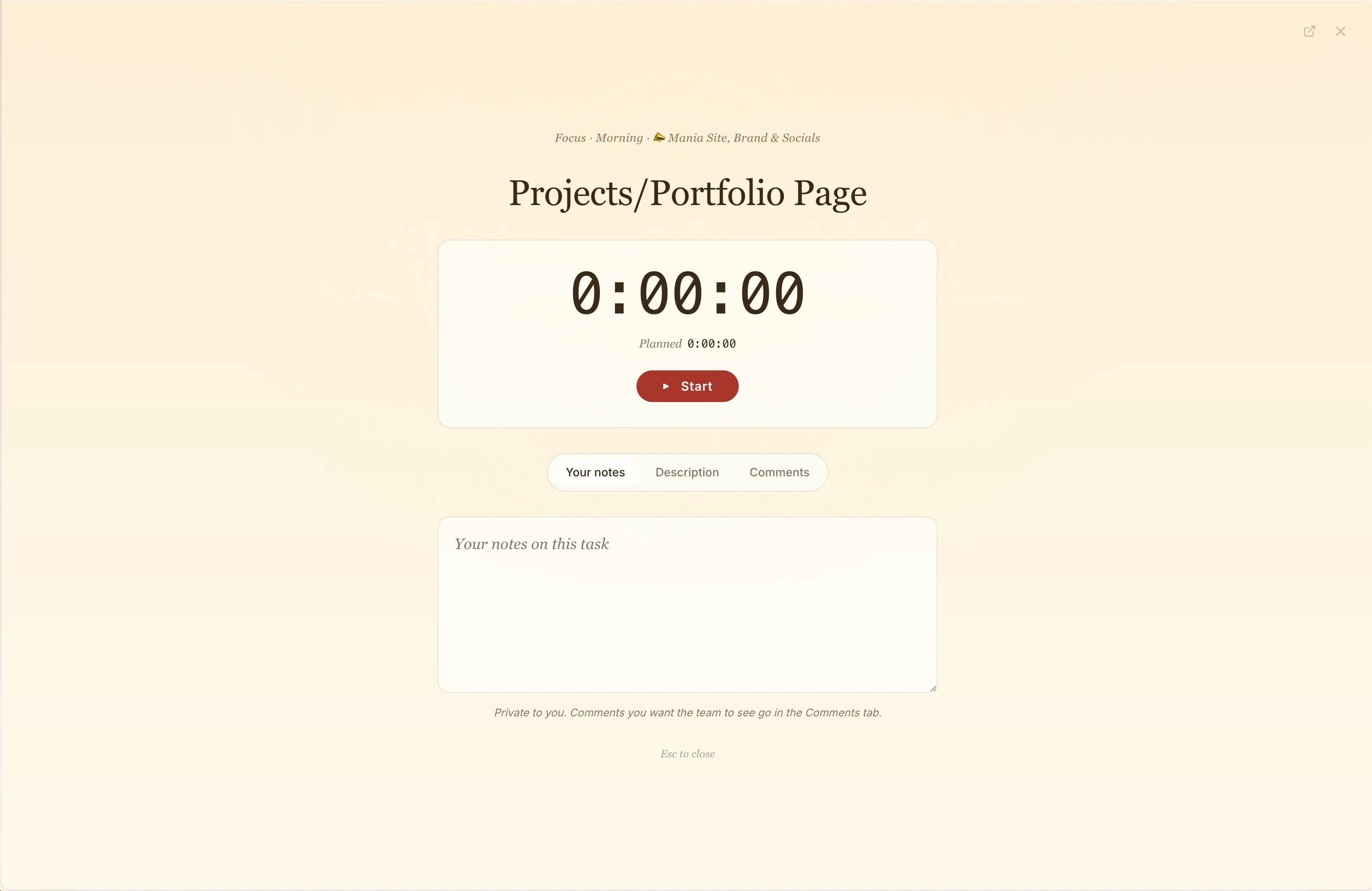 Focus timer for a single task: full-screen, distraction-free, with planned vs actual time and private notes
