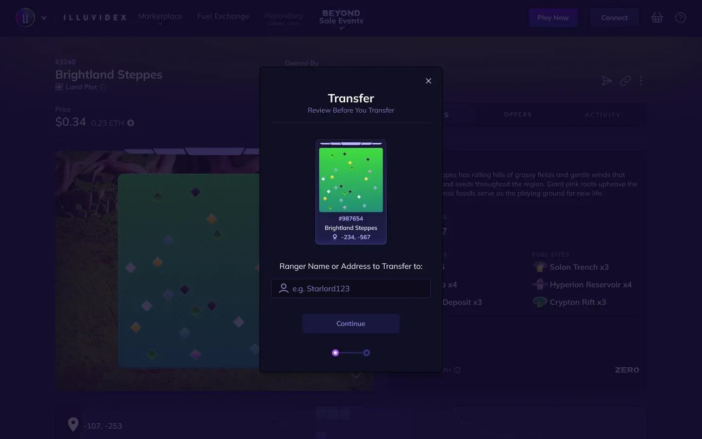 IlluviDEX transfer NFT modal
