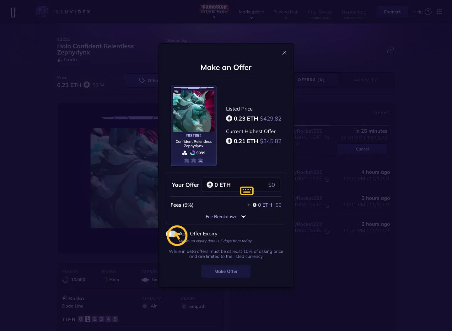 IlluviDEX send offer screen