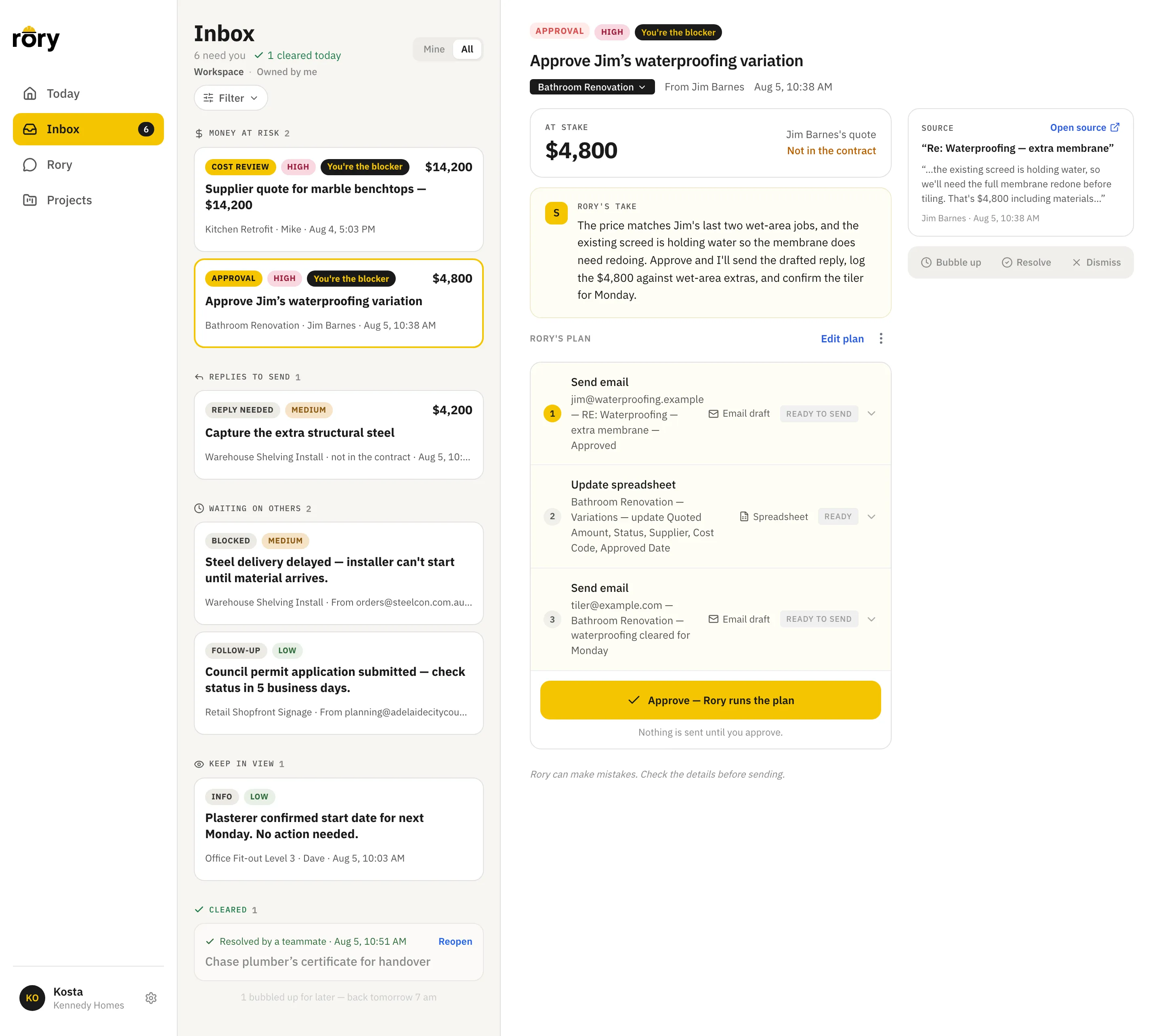 An approval opened beside the queue: the inbox grouped into money at risk, replies to send, waiting on others and keep in view, and alongside it the prepared work — what is at stake, the quote flagged as not in the contract, Rory's reasoning, a three-step plan of drafted emails and a spreadsheet update, the source email it was read from, and one approve action under the line 'Nothing is sent until you approve'
