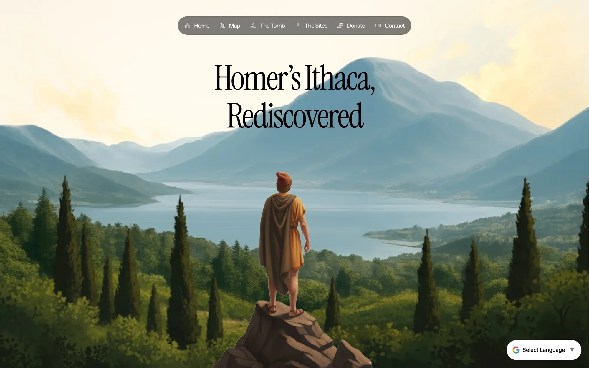 The Homer's Ithaca home page: a painterly Kefalonian valley with Odysseus standing on a rock, the serif title 'Homer's Ithaca, Rediscovered', and a floating pill navigation