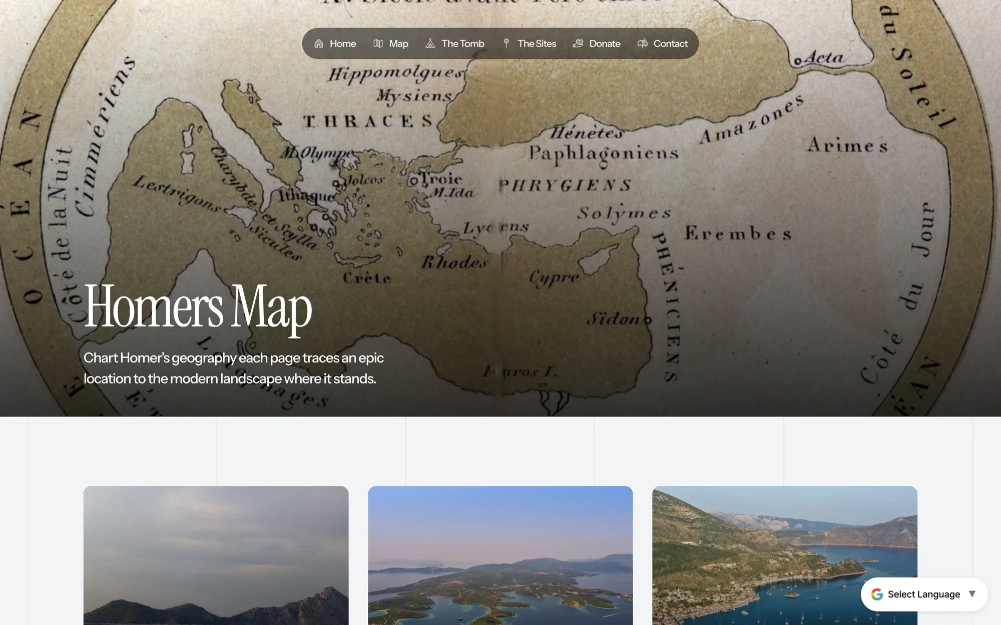 The Homer's Map page: an antique chart of Homer's Mediterranean world under the pill navigation, with modern Kefalonian landscape cards below
