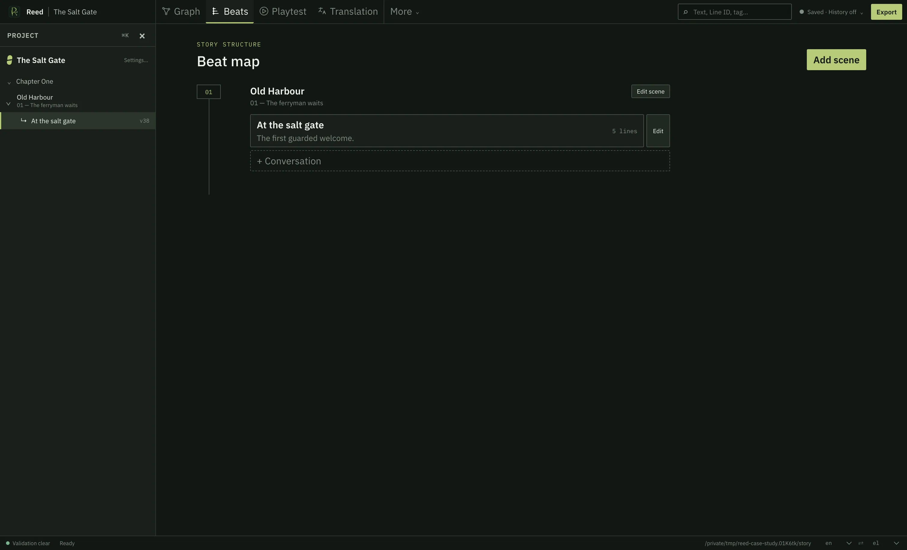 The Reed beat map showing the selected scene and its conversation