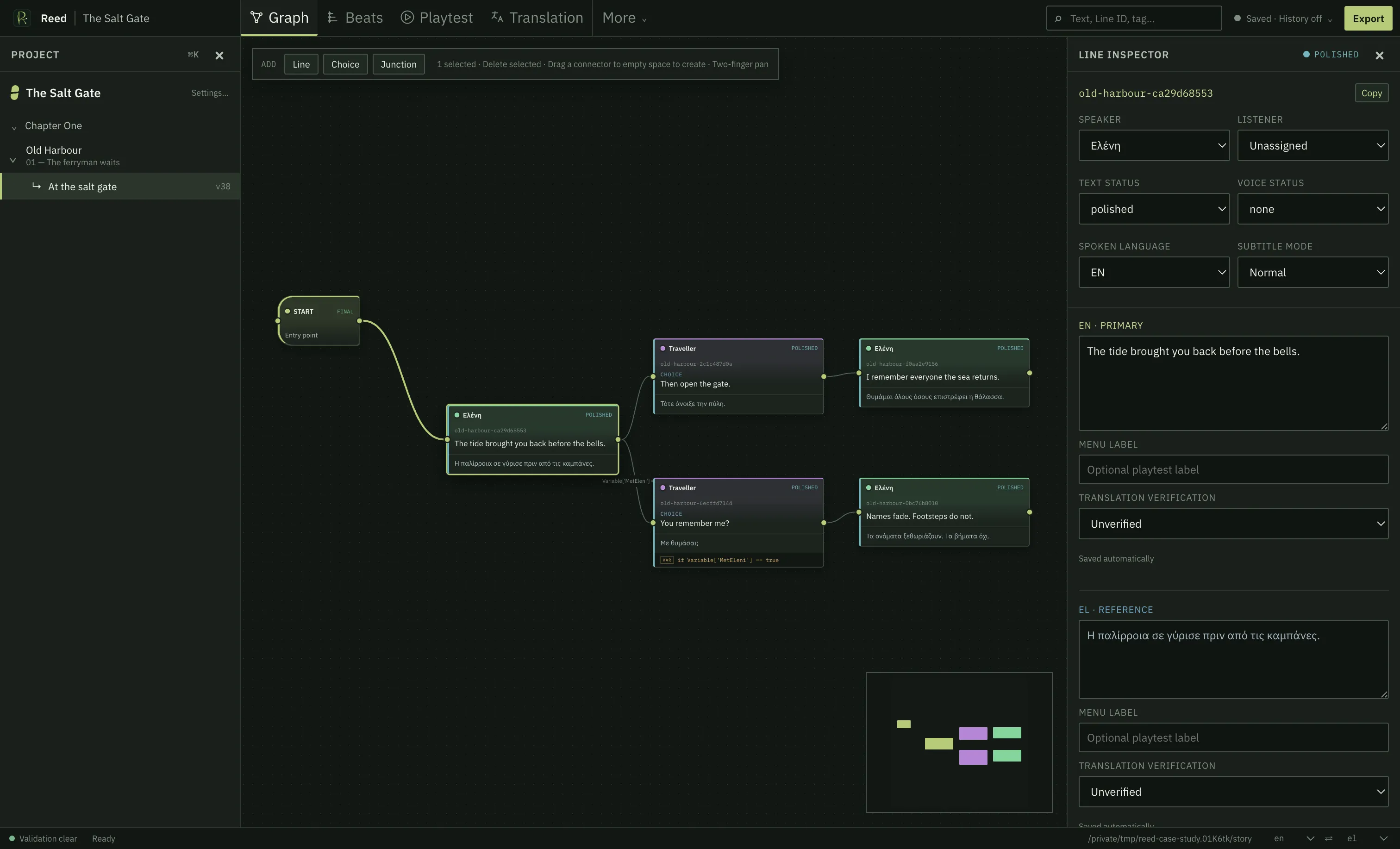 The Reed graph workspace showing a multilingual conversation with distinct speakers, choices, conditions, and the line inspector open