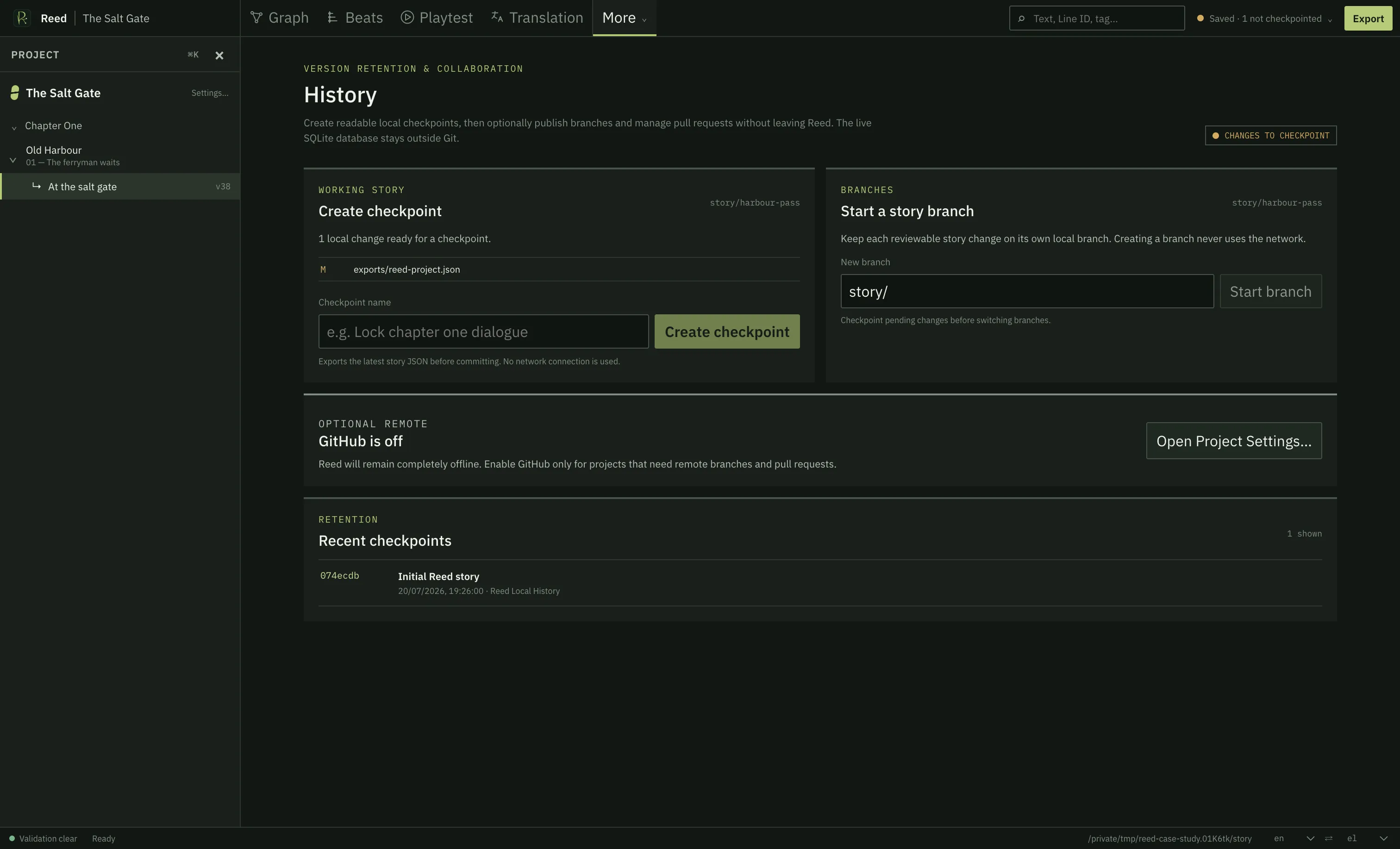 The Reed History workspace showing an offline story branch, a local checkpoint, and GitHub switched off
