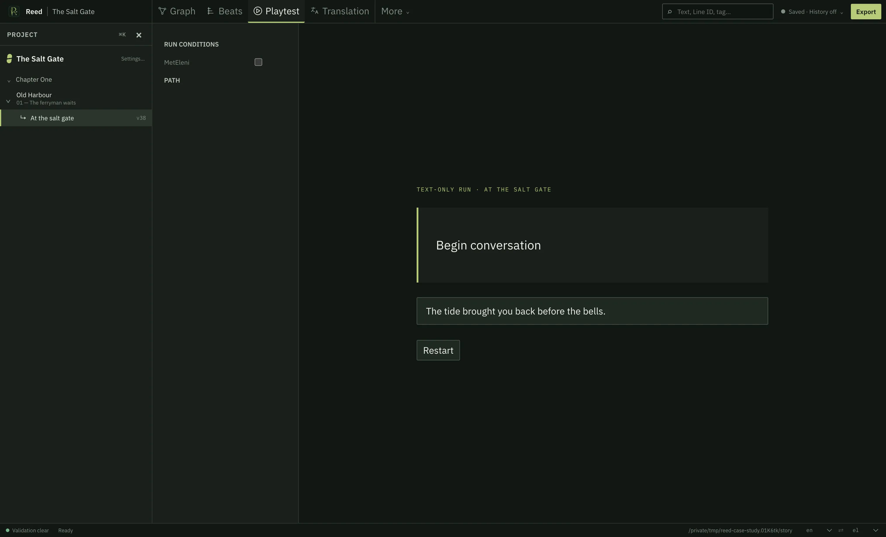 The Reed text-only playtest with condition controls beside the active conversation