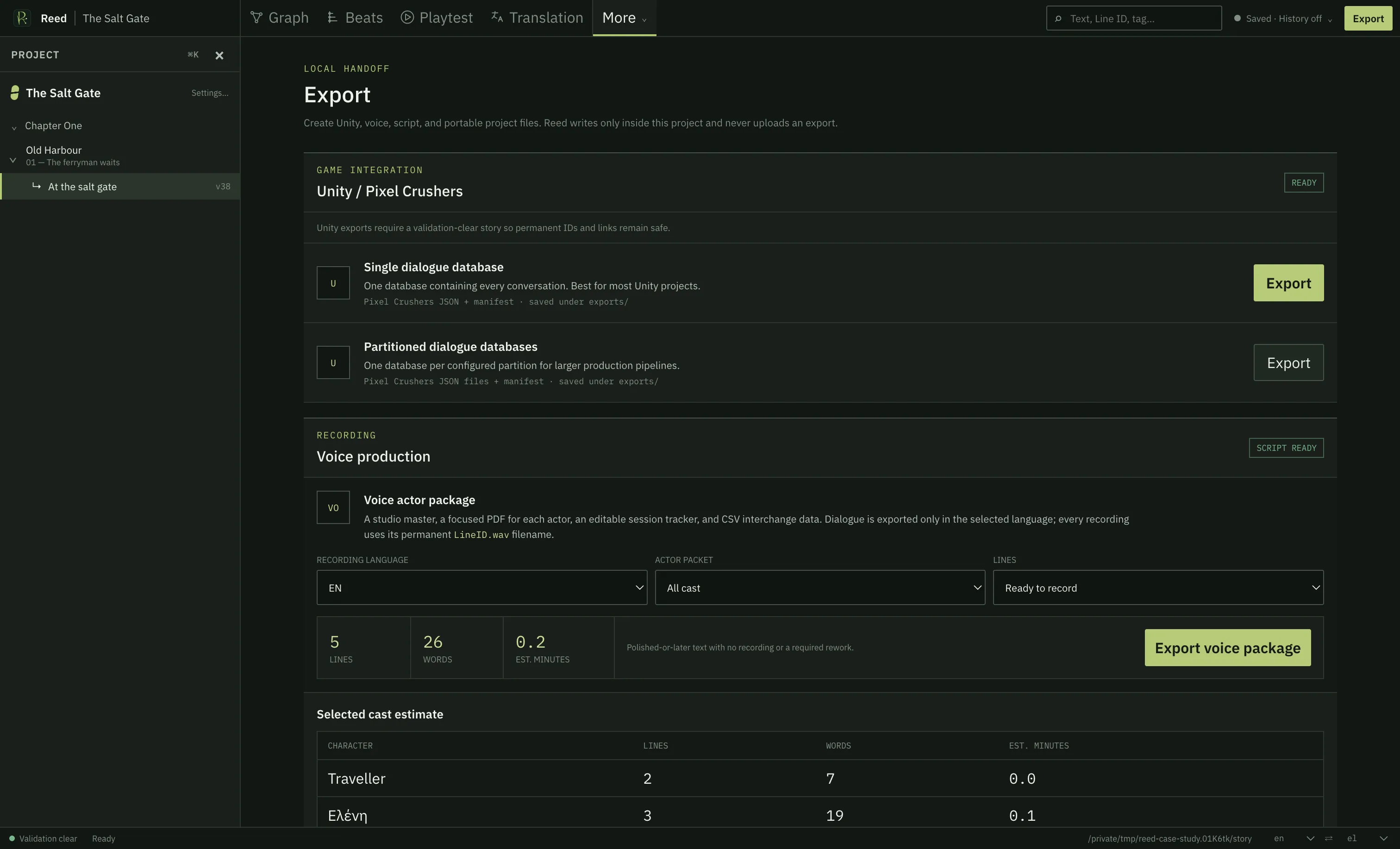 The Reed export workspace showing game, localization, and voice-production handoffs