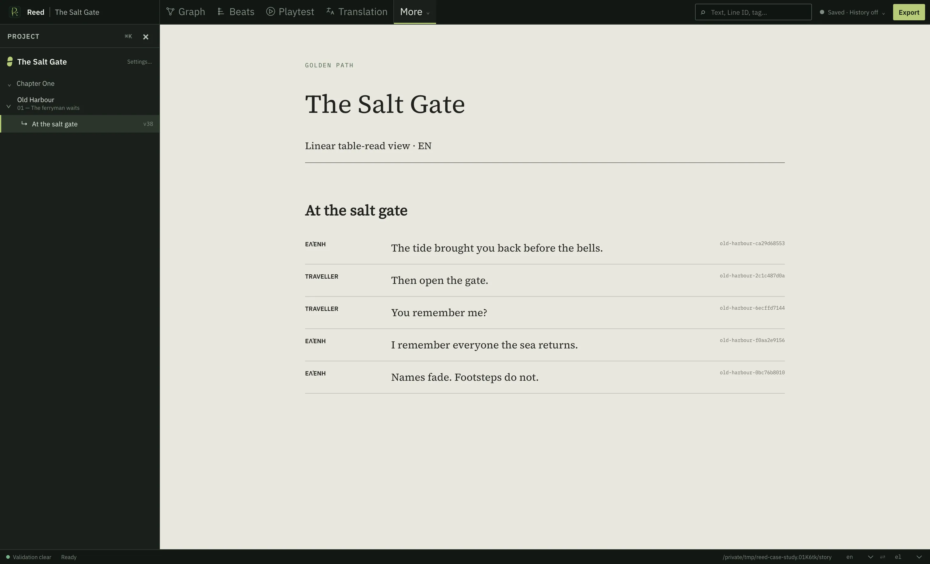 The Reed light-theme table-read view showing the selected path and permanent Line IDs