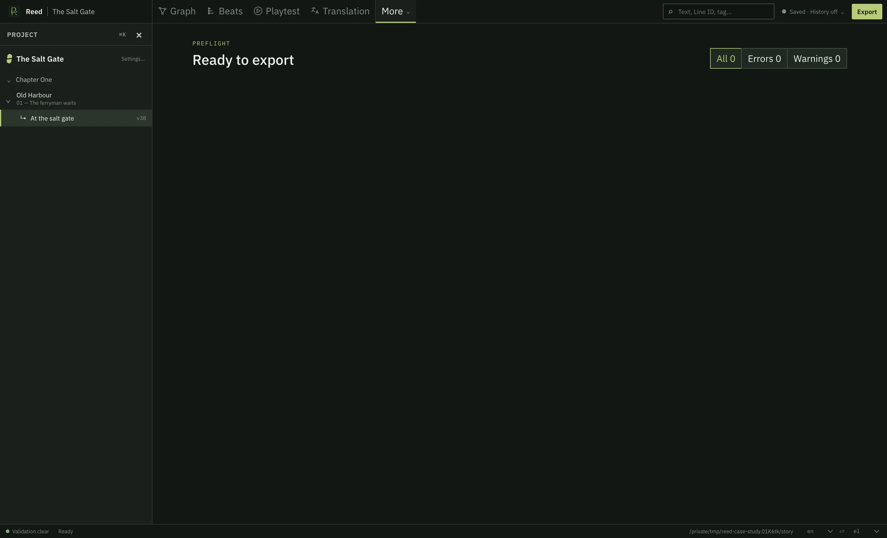 The Reed validation workspace showing a clear project
