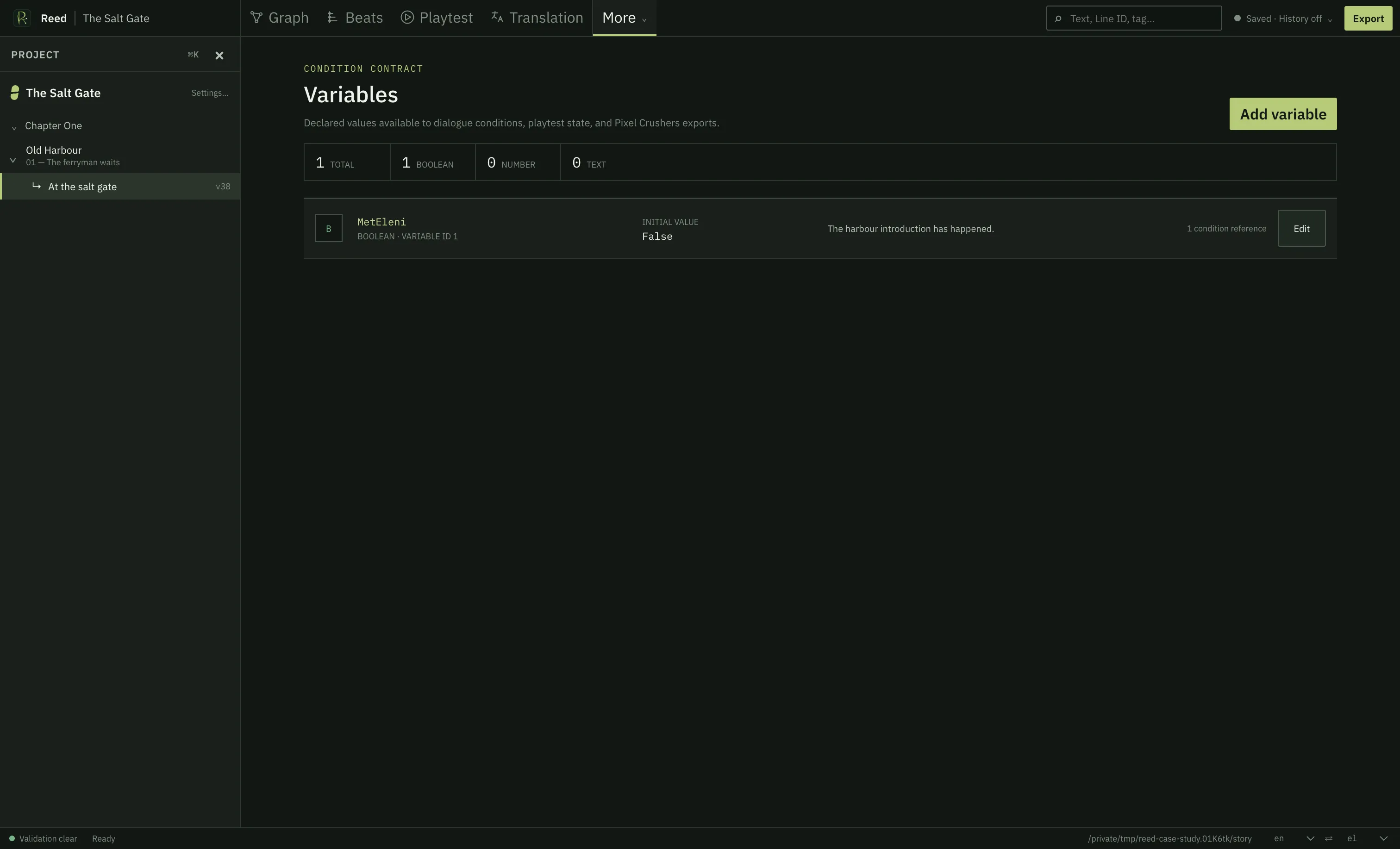 The Reed variable registry showing typed condition state and graph usage counts