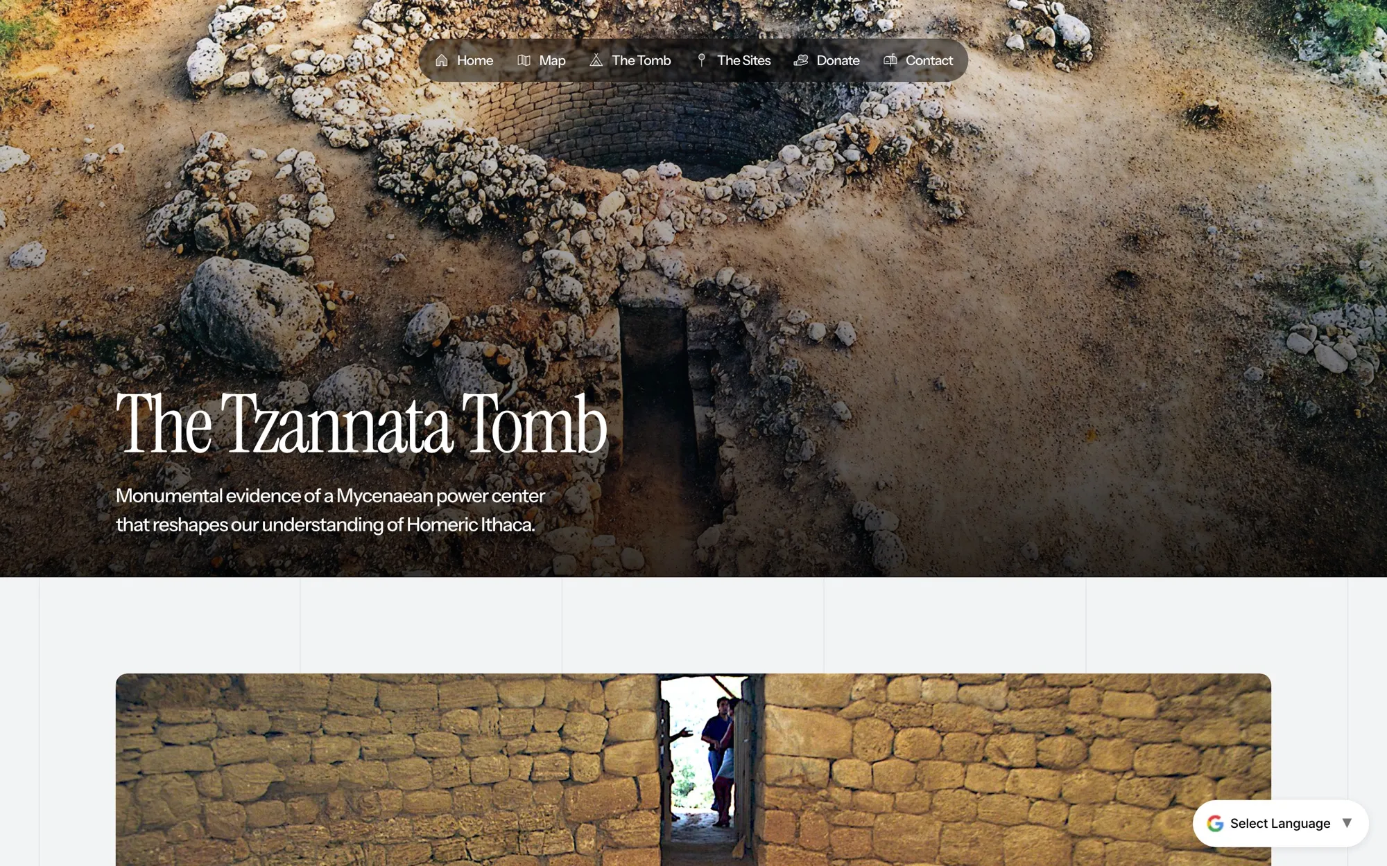 The Tzannata Tomb page: an aerial photograph of the excavated Mycenaean tholos tomb with the serif title 'The Tzannata Tomb' and the line 'Monumental evidence of a Mycenaean power center'