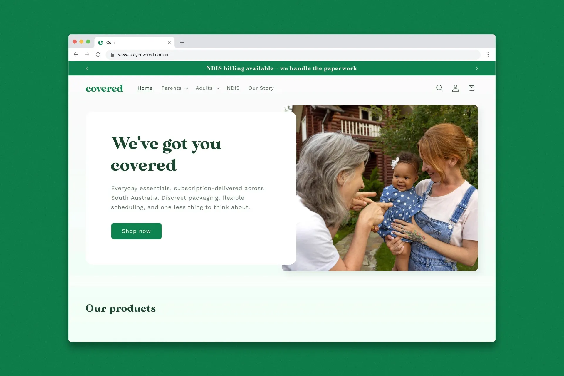 Covered homepage and navigation on Shopify