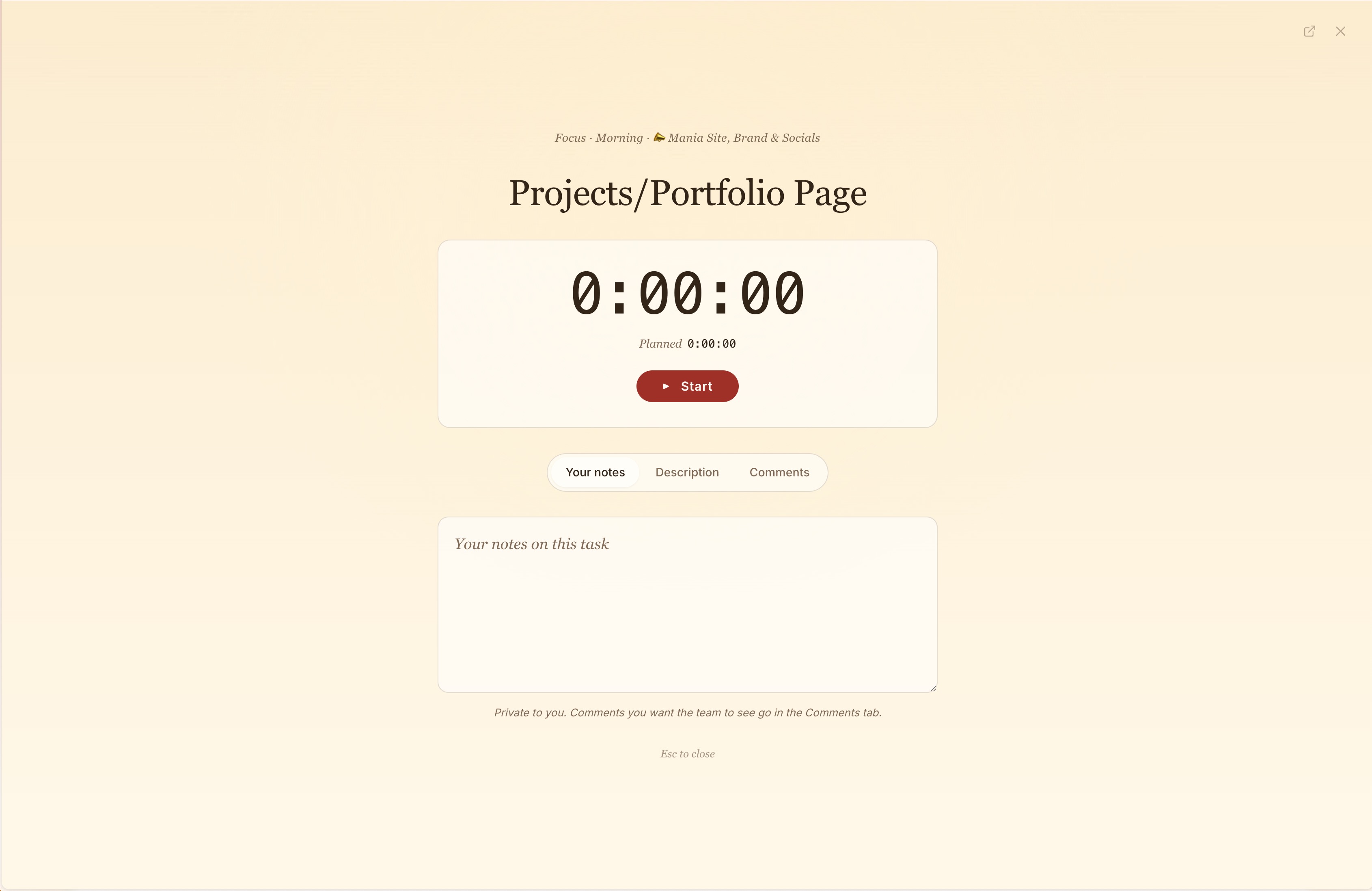 Focus timer for a single task — full-screen, distraction-free, with planned vs actual time and private notes